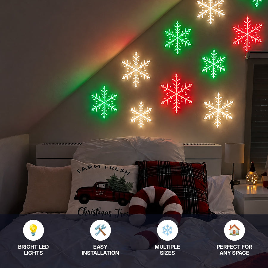 Hollyflake snowflakes glowing above a bed