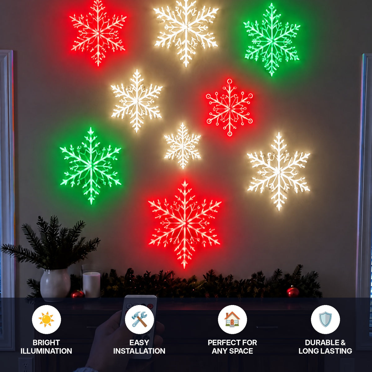 Hollyflake red and gold snowflake glowing on a living room wall