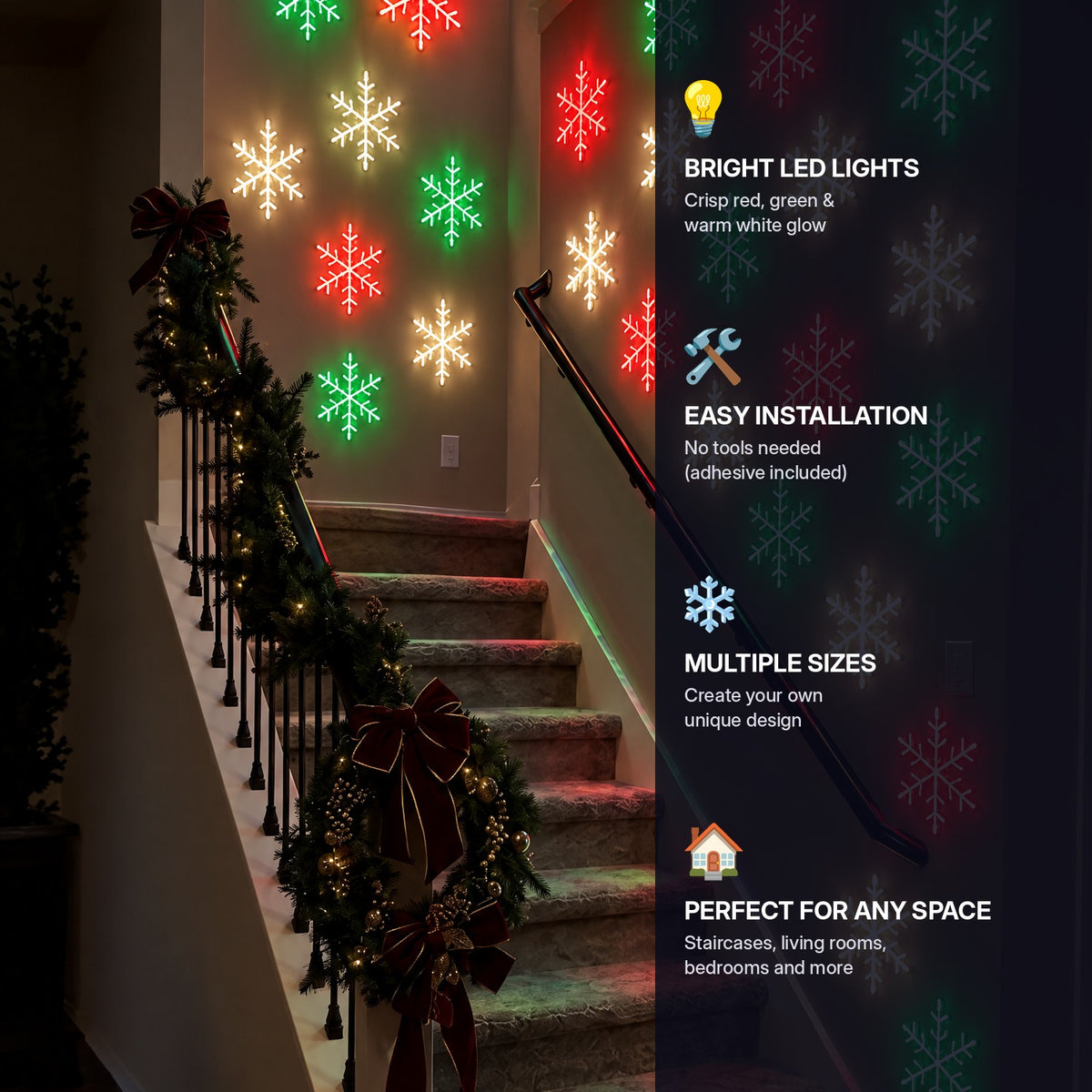 Hollyflake snowflakes on a staircase wall