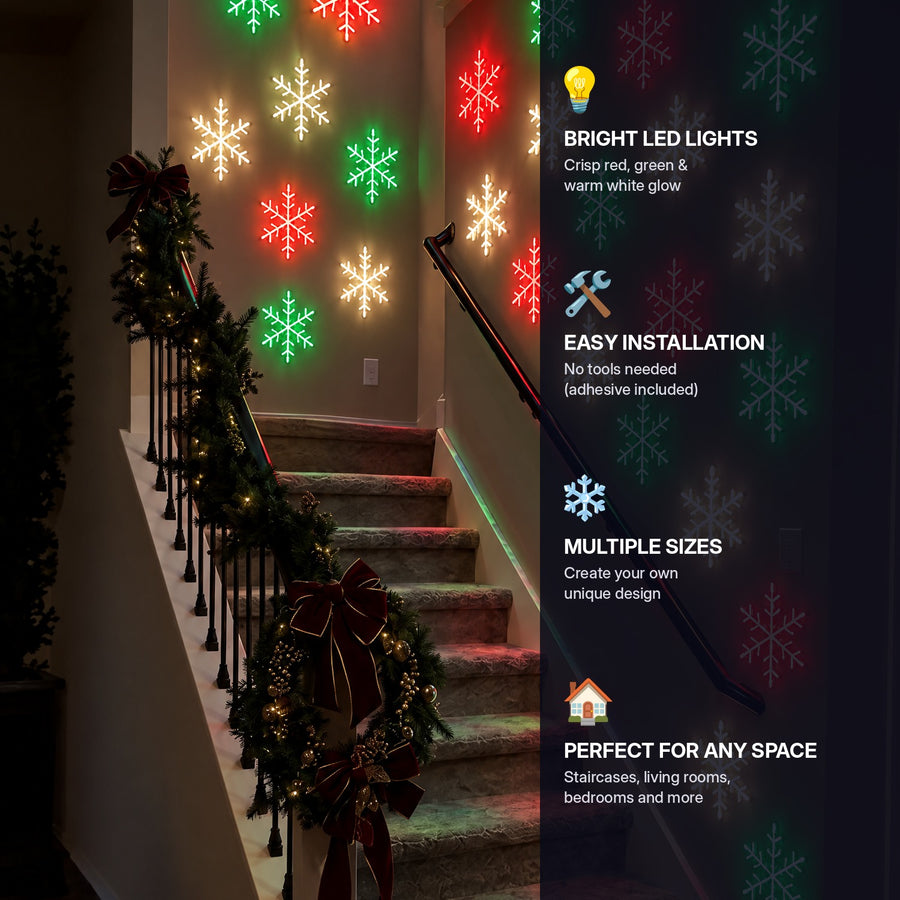 Hollyflake snowflakes on a staircase wall
